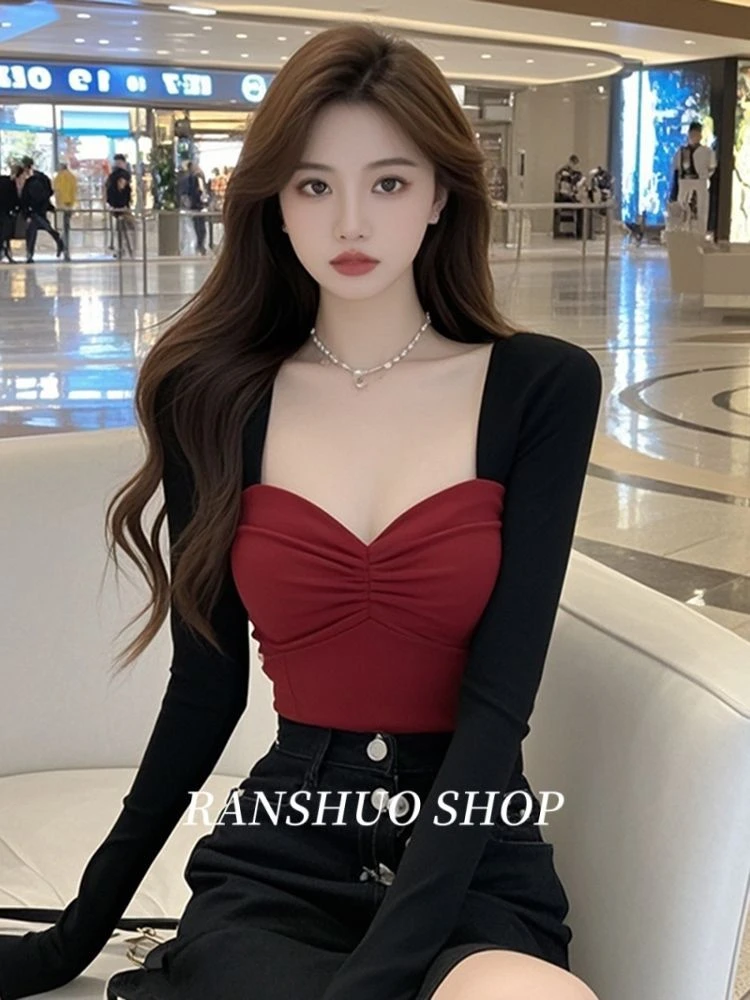 辣妹气质性感方领独特绝美小上衣女高级感修身长袖t恤打底衫