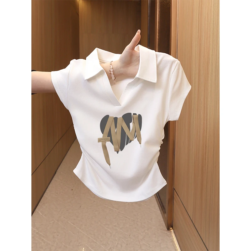 短袖T恤女2025年夏季白色polo领翻领上衣短款收腰修身洋气设计感