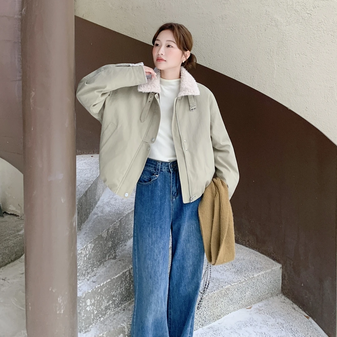 米灰色韩系羊羔毛领短款派克服女2025冬季小个子加绒加厚工装棉服