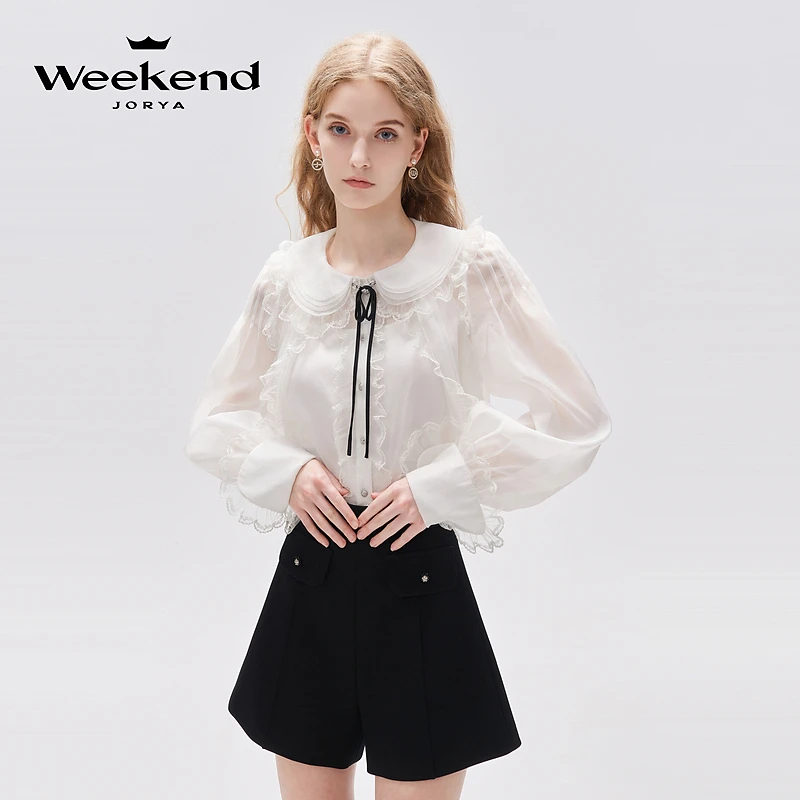 卓雅周末宫廷娃娃领荷叶边蝴蝶结蕾丝上衣EJWDCQ74