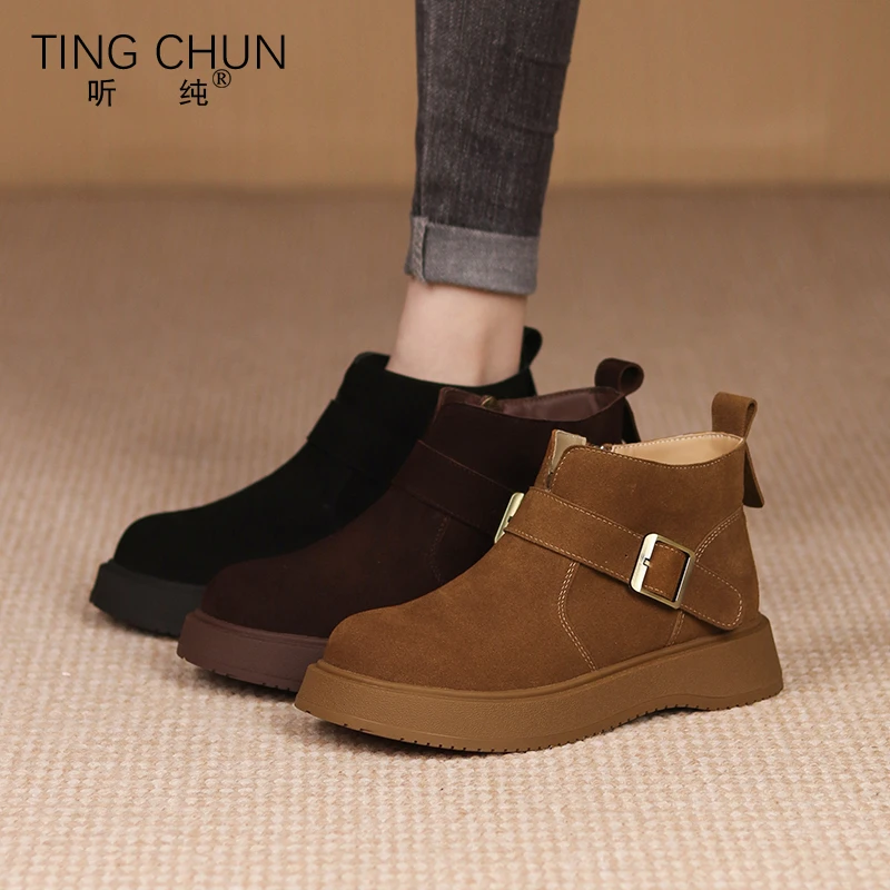 听纯18279秋冬2025新款百搭短靴复古真皮厚底加绒休闲时尚防滑鞋