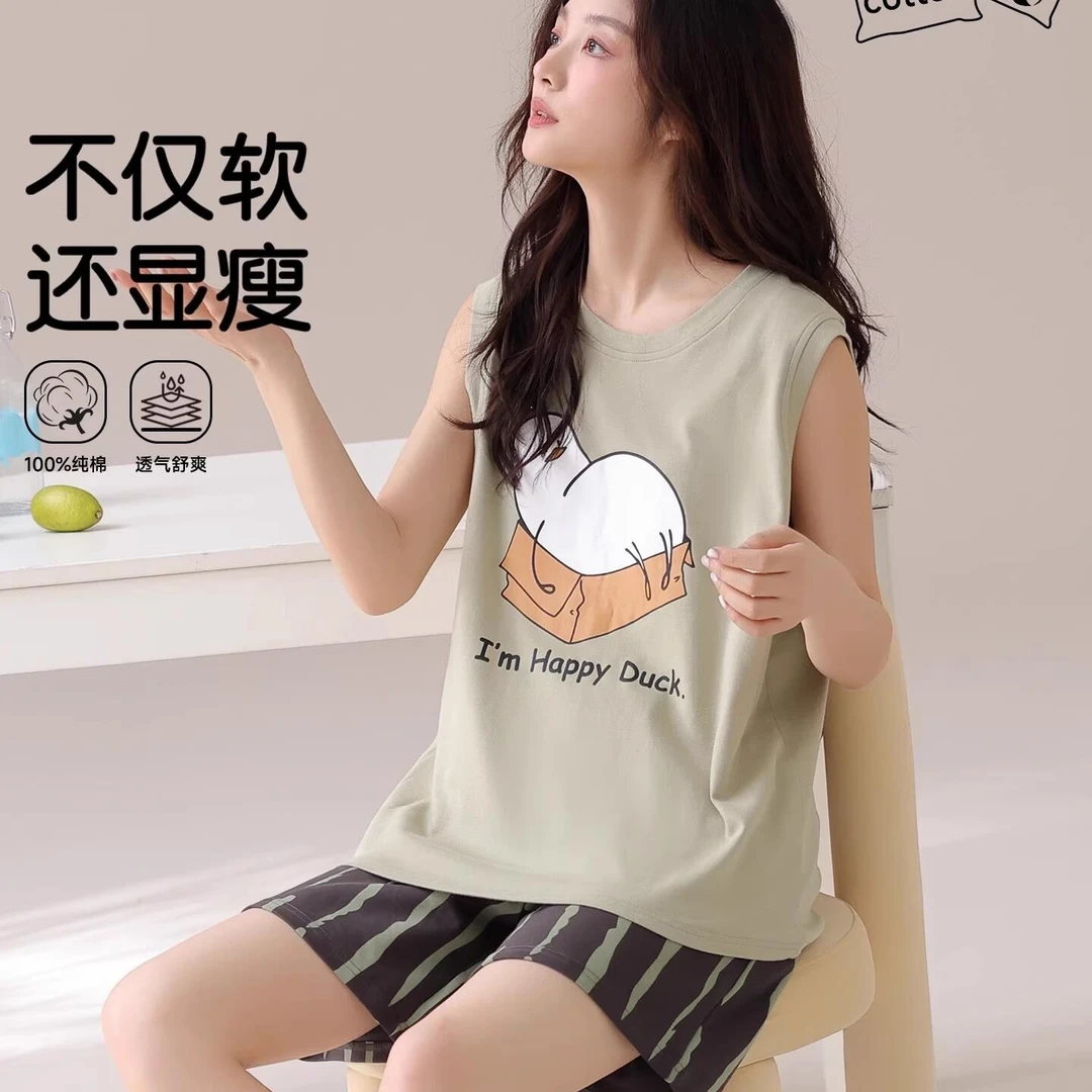 纯棉睡衣女款夏季无袖短裤背心2025新款夏天全棉家居服套装可外穿