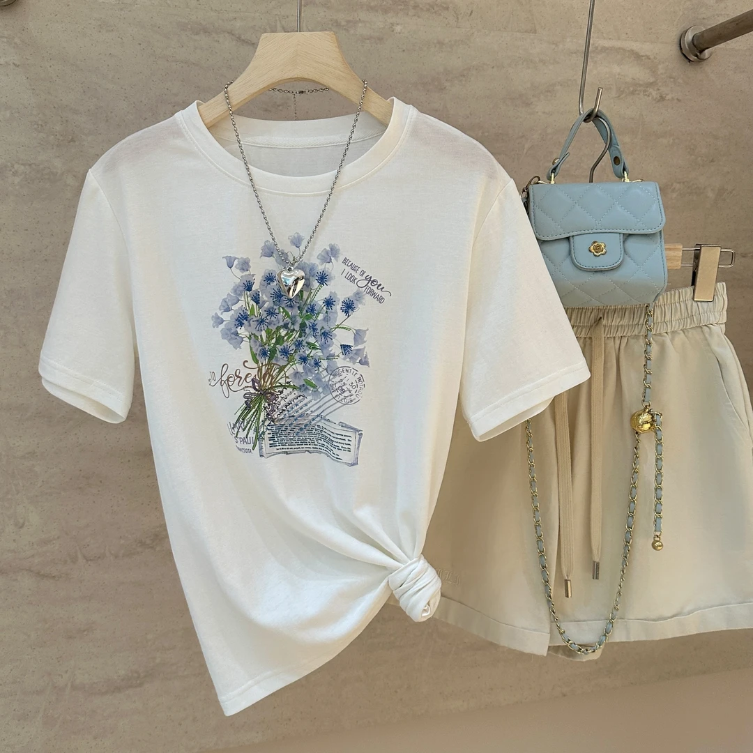 韩版新款印花夏季设计感白色t恤女2025年洋气减龄短袖上衣2617