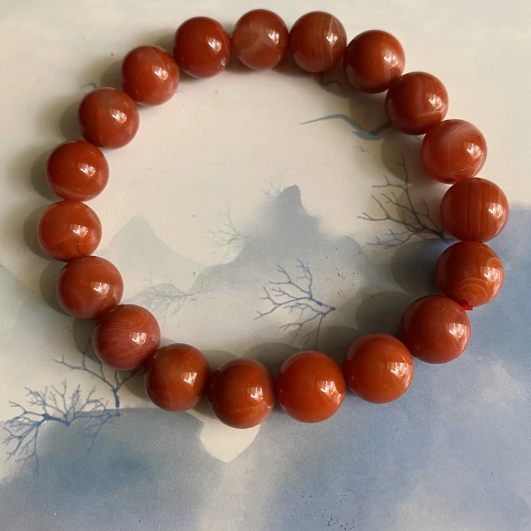 满色满肉天然南红10mm火焰纹圆珠单圈手串