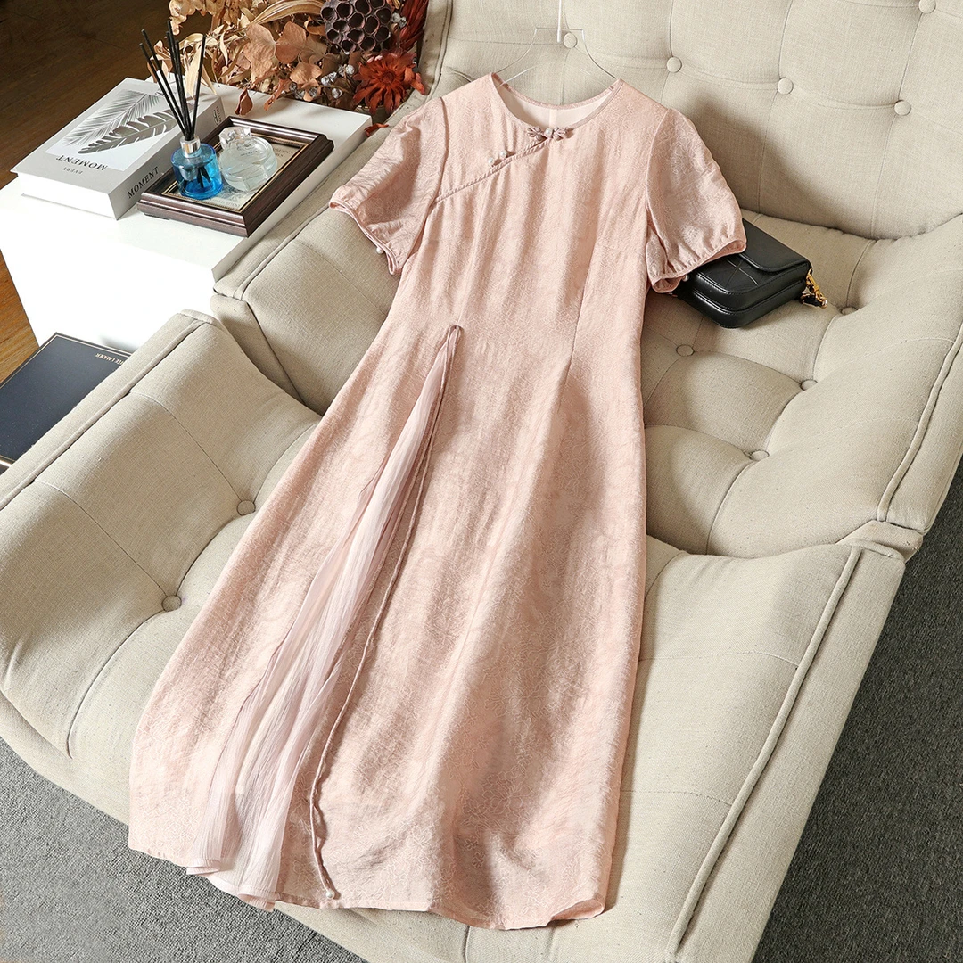 新中式国风天丝提花连衣裙女夏季开叉高腰宽松a字雪纺裙纯色高定