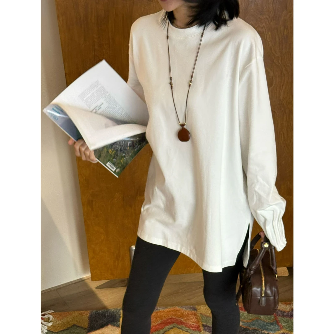 秋冬韩版磨毛宽松长袖纯色圆领中长款T恤中长款白色内搭开叉