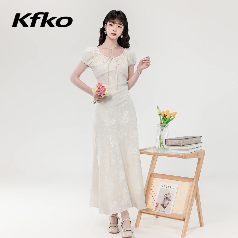 KFKO2025法式温柔优雅提花抽绳气质连衣裙夏季新款女收腰显瘦长裙