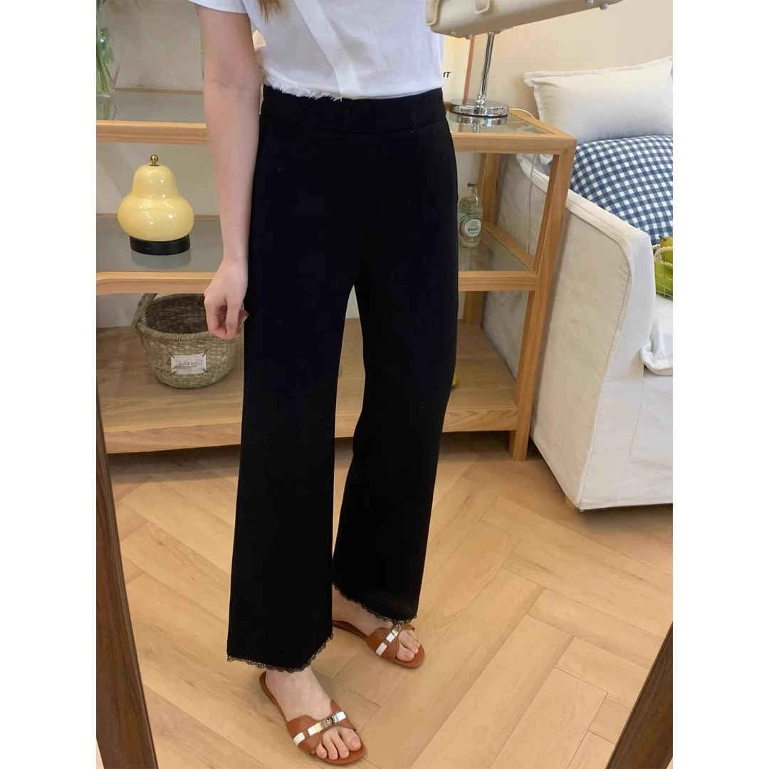 大码微胖黑色蕾丝边休闲裤女2025秋季薄款高腰显瘦冰感弹力微喇裤
