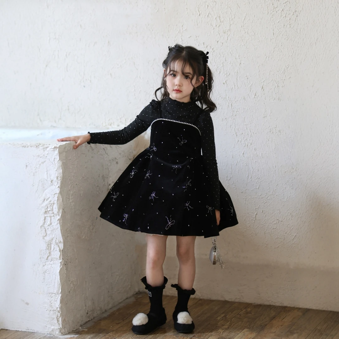 女童蝴蝶结亮片丝绒连衣裙背心裙2025秋冬新款女孩蓬蓬公主裙生日