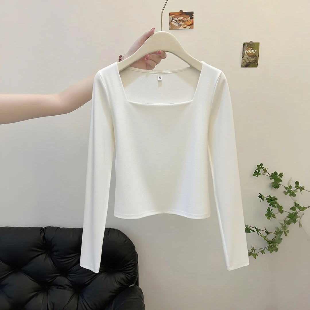 白色露锁骨打底衫女春秋内搭修身设计感小众正肩t恤长袖方领上衣