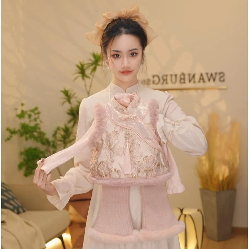 （现货）【Y.k9863】新款女宝盘扣中式甜美马甲针织衫喇叭裤加厚套装