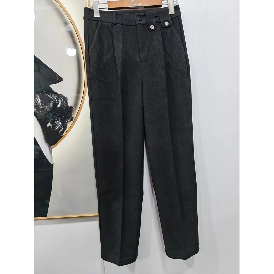 91063裤子潮流风休闲裤女士休闲梭织九分裤黑色打底紧腰百搭