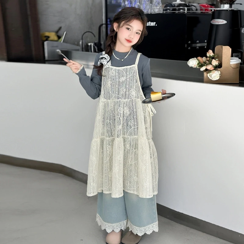 女童韩系蕾丝连衣裙套装2025洋气新款中大儿童6-12岁15春秋牛仔裤