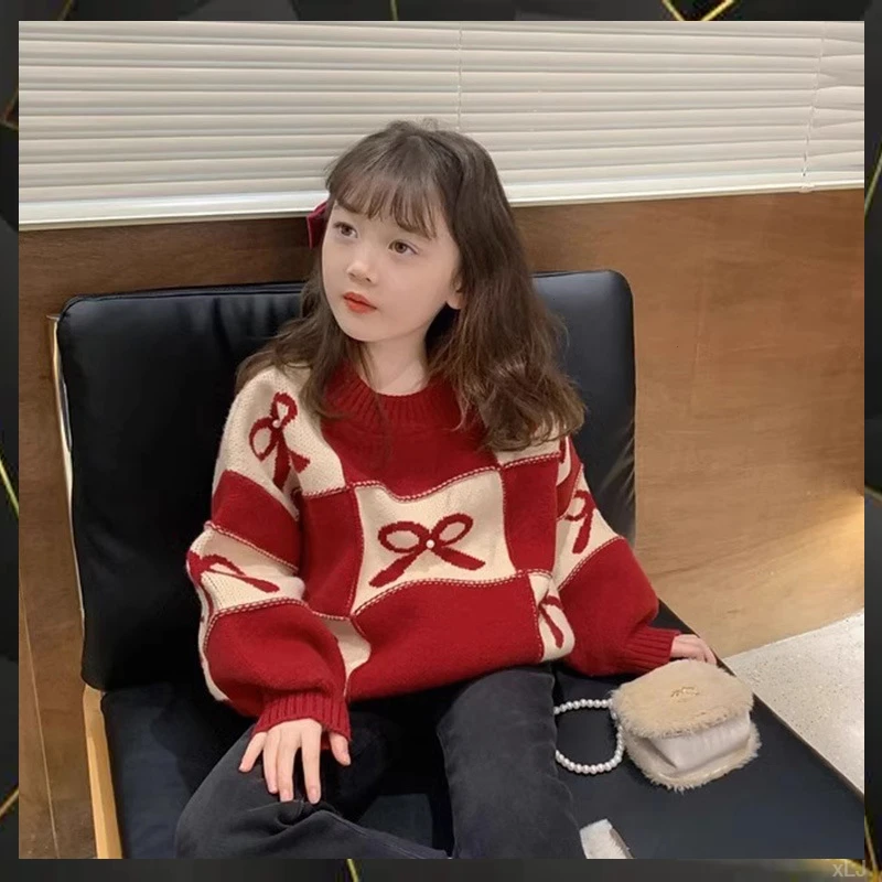 女童红色毛衣2024秋冬装新款洋气儿童针织衫童装圣诞拜年线衣童装