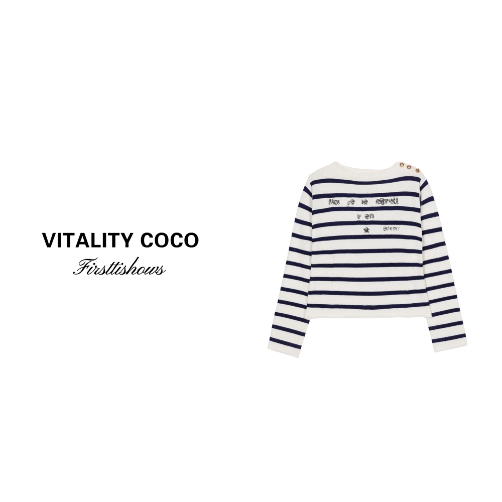 「VITALITY COCO」亮片字母刺绣金属肩扣条纹针织衫毛衣上衣-875