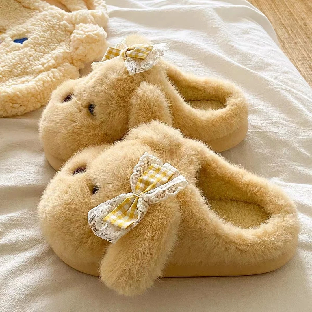 包头毛毛拖鞋女款冬季居家厚底防滑毛绒保暖可爱蝴蝶结狗狗棉拖鞋