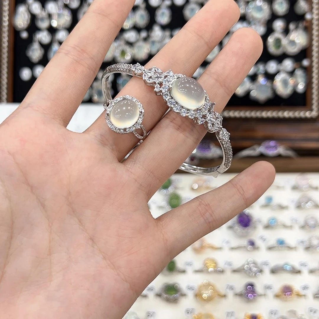 壹***长蛇纹石玉银S925镀金镶嵌戒指