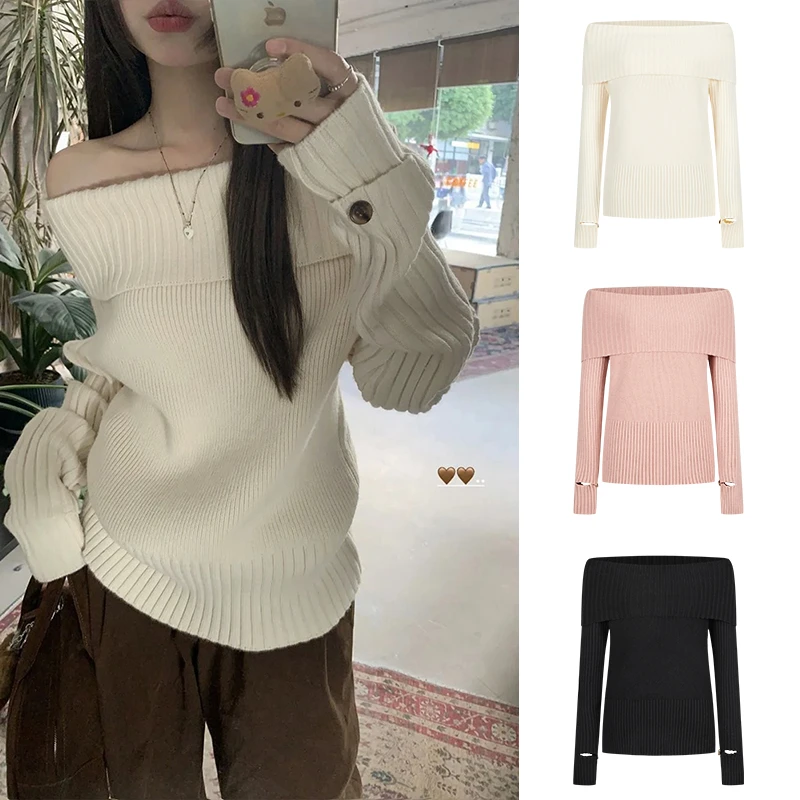 2025韩版秋季新款高级感一字肩毛衣女打底针织衫甜辣露肩上衣