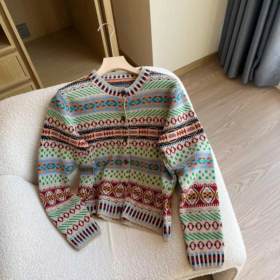 【豆子推荐】202 冬季复古民族风圆领开衫时尚毛衣