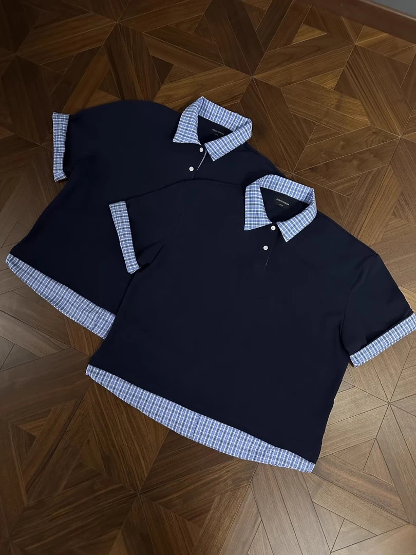 RTIMFD 藏蓝色格纹假两件polo领短袖衬衫cleanfit短宽夏高级感T恤