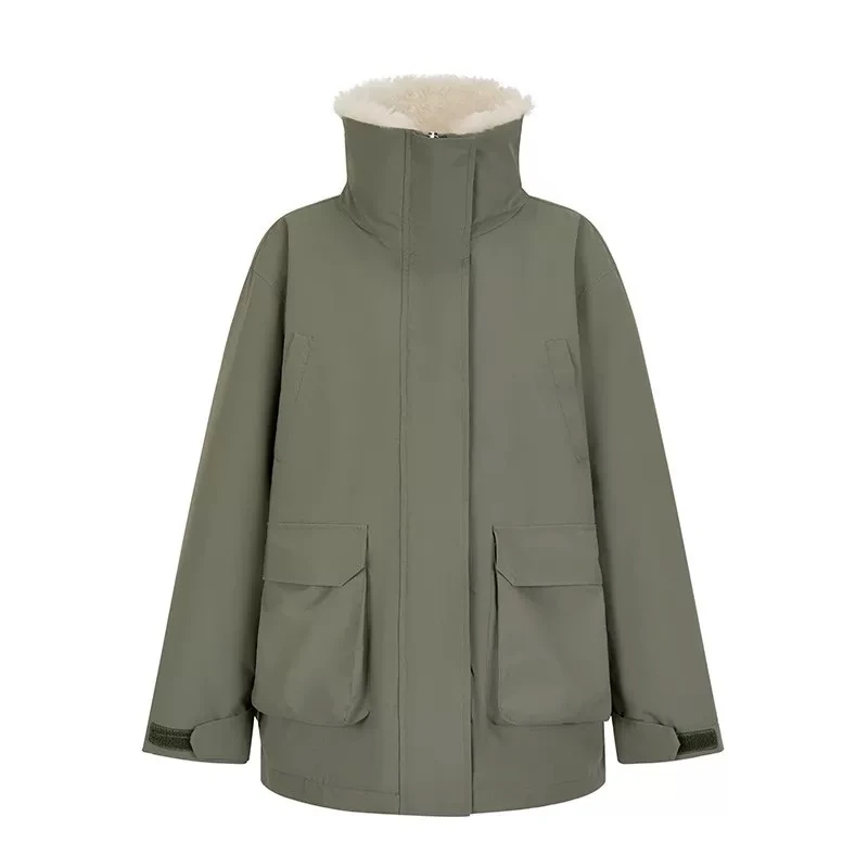 【暖绒派克】军绿色羊羔毛冲锋衣外套女派克服羊羔绒棉服