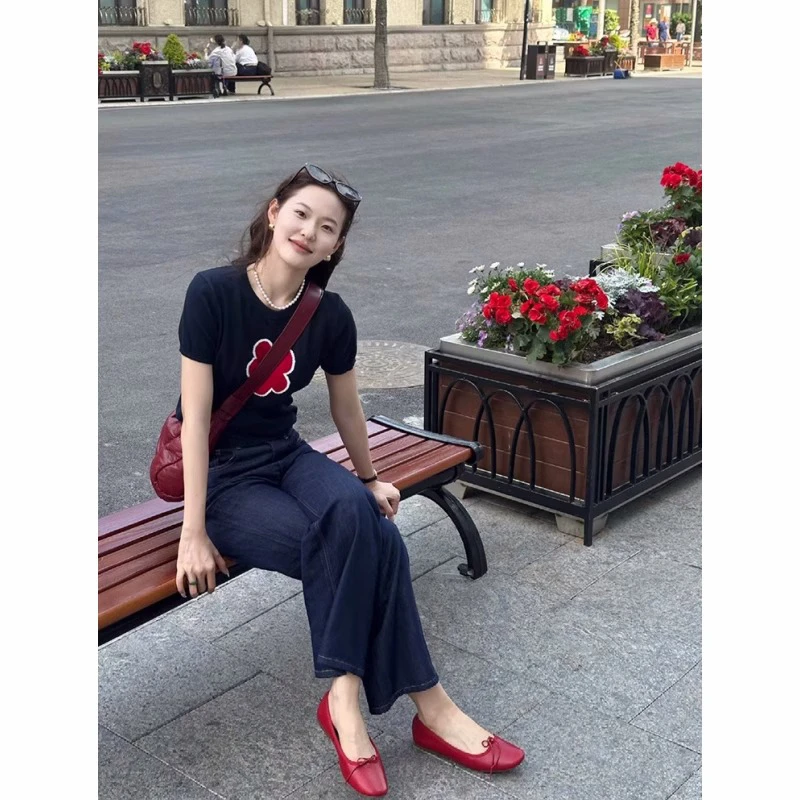 法式复古撞色花朵圆领短袖针织衫女夏季高级感T恤独特打底上衣春