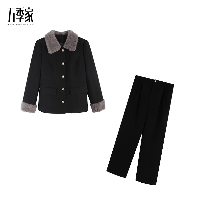 五季家大码时尚显瘦黑色上衣套装+长裤两件套ZL115002