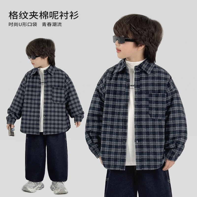 中班仔男童呢衬衫外套2025新款长袖夹棉格纹衬衣时尚中大童*38520