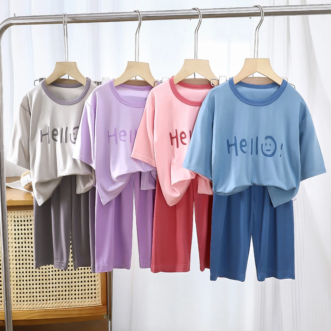 儿童莫代尔家居服套装七分袖睡衣夏季清爽空调服男女孩轻薄透气潮