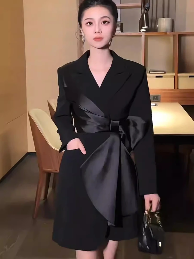高级感法式女神范气质西服裙女2025早秋新款蝴蝶结拼接收腰连衣裙