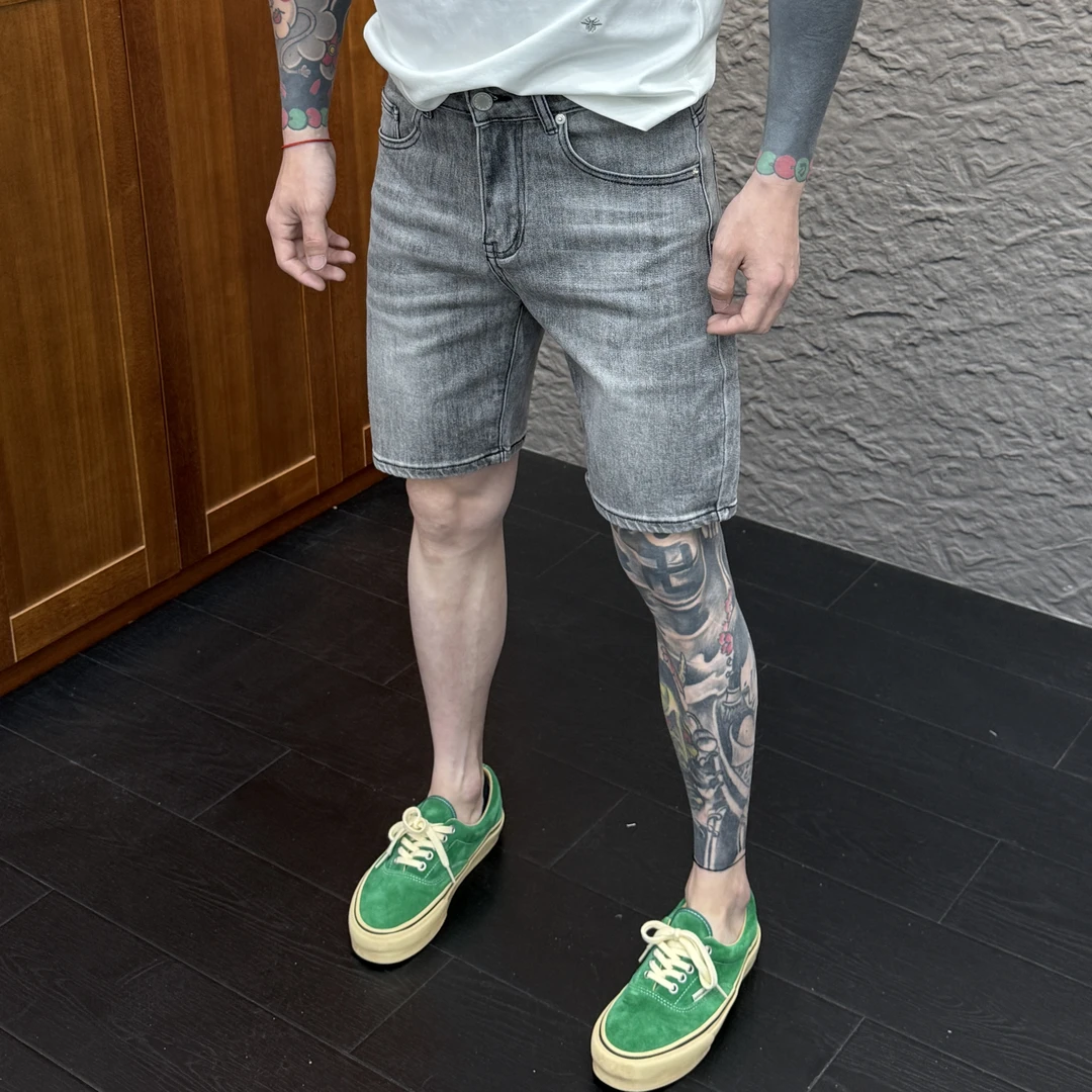 2025春季新款时尚休闲百搭净版烟灰色男士牛仔短裤3381