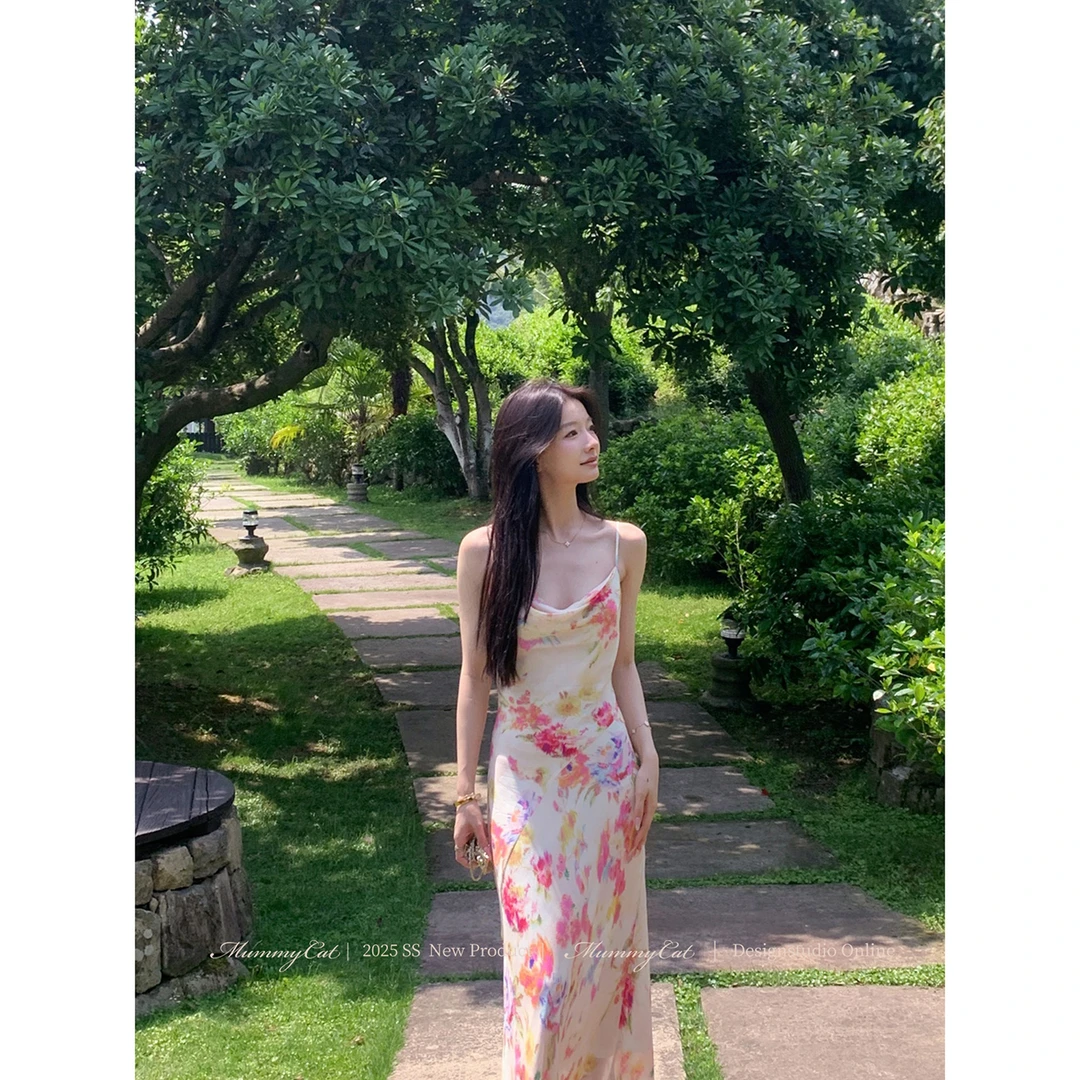 Mummy Cat 下蛋喵【香颂假日】25新品人丝艺术花色晕染吊带连衣裙