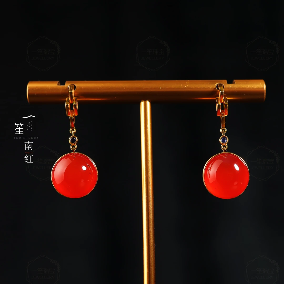 【一笙珠宝】天然南红蛋面耳钉耳饰18k镶嵌约裸石约11*7mm