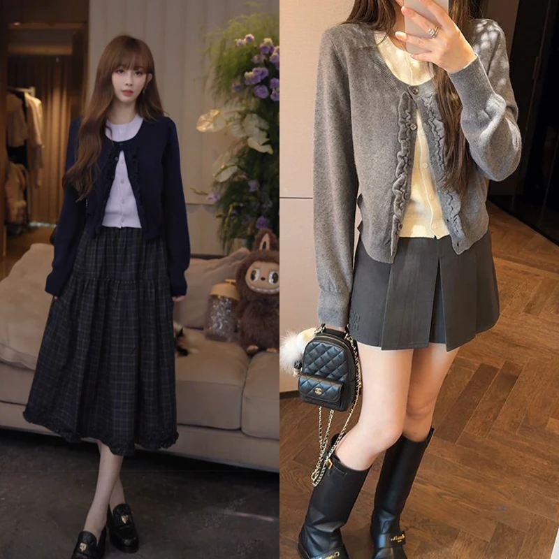 【mimius】P 木耳边拼接假两件开衫+格纹半裙（松紧腰） WG08003