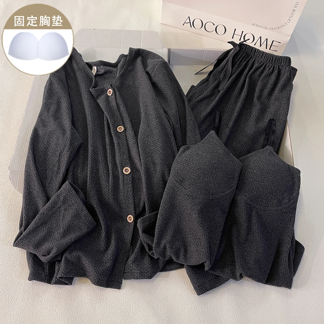 韩系风睡衣女秋冬季灰色德绒带胸垫吊带简约加厚保暖家居服三件套