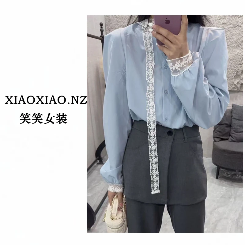笑笑定制韩系V领拼接蕾丝衬衫