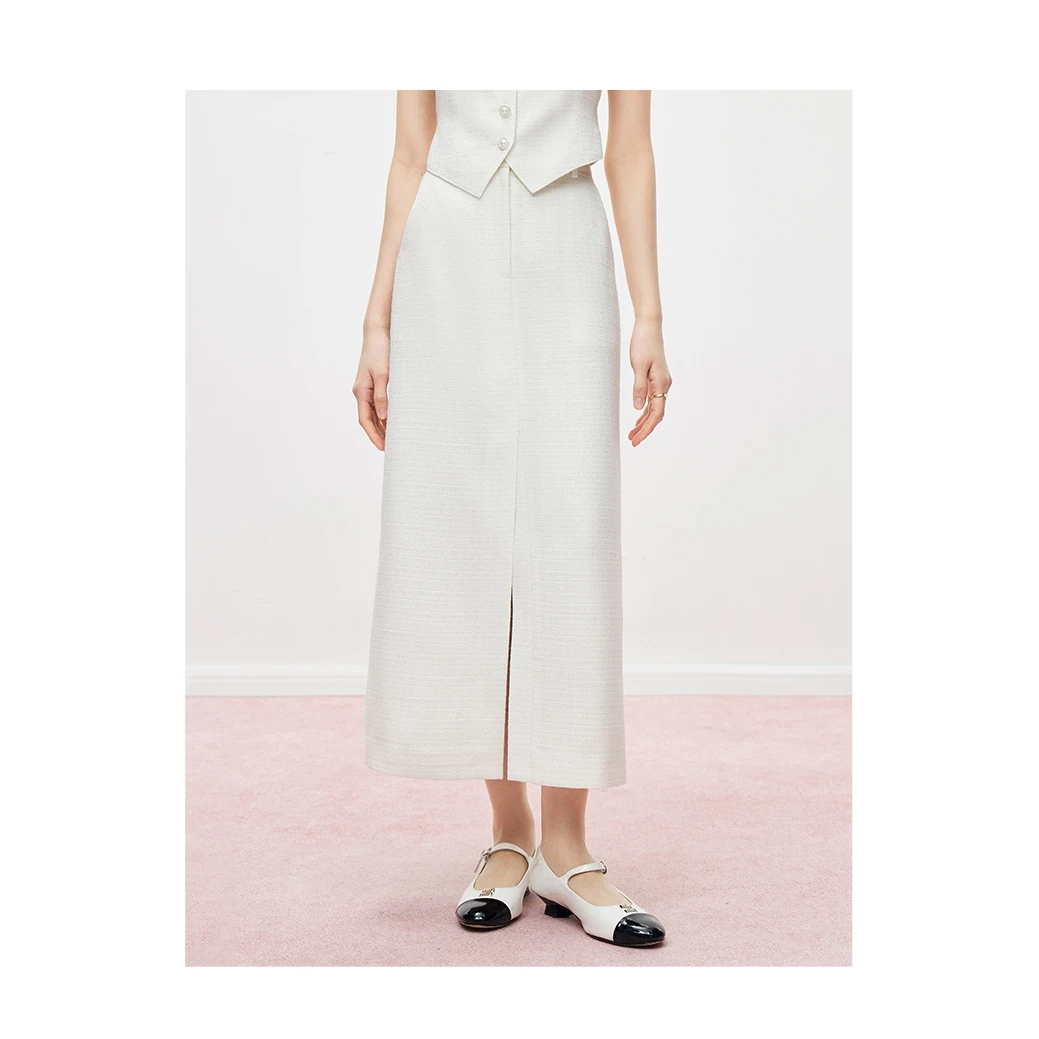 MandyZhang设计感小香风白色细闪半身裙女春季前开叉长款裙子