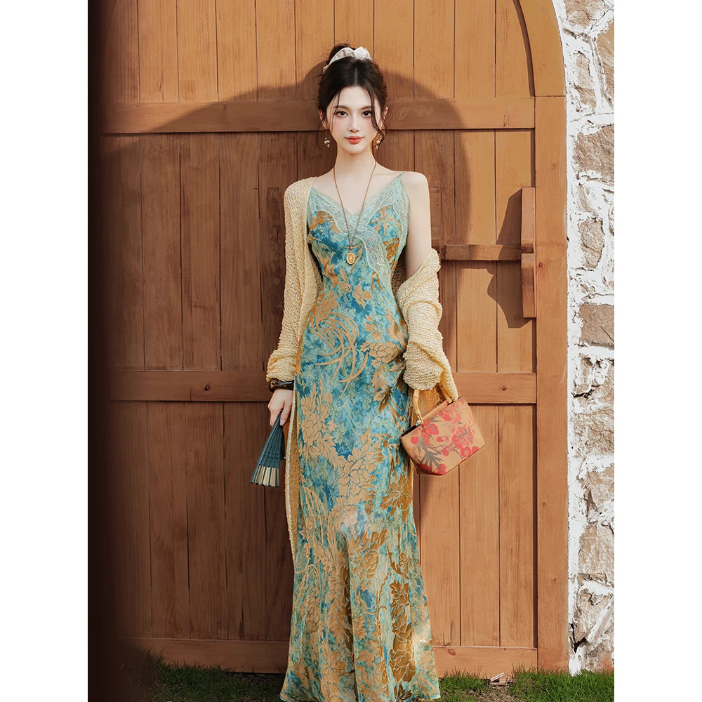 梦华录新中式轻奢千金风吊带印花蕾丝连衣裙鱼尾长裙+开衫套装773
