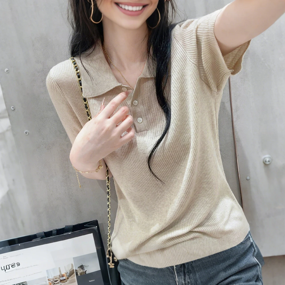 Polo领薄款正肩短袖针织T恤衫女士夏季修身时尚洋气百搭显瘦上衣