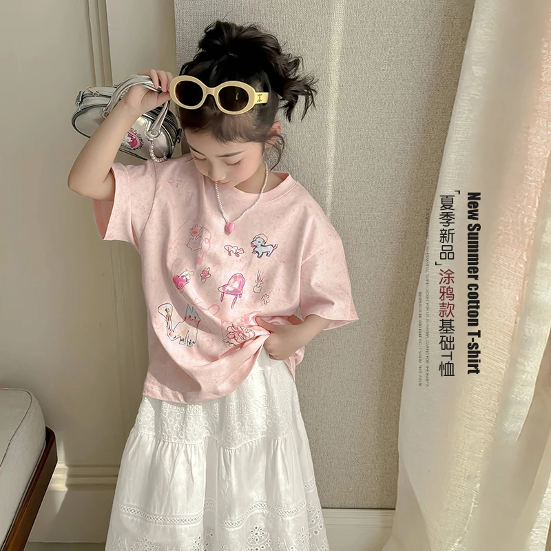 女童夏套装2025新款女孩洋气时髦短袖T夏装夏季半身裙两件套Q0923