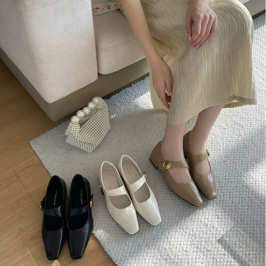 欧美风方头不规则小众设计时尚百搭玛丽珍粗跟高跟鞋单鞋399-20