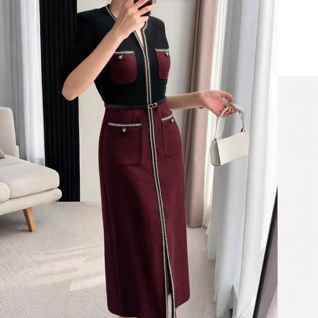 【GY】长袖春秋修身女装连衣裙撞色秋季小香风针织休闲时尚长裙2912