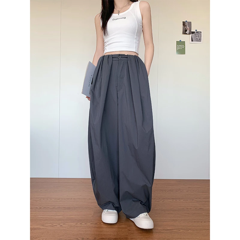 新款百搭春秋夏慵懒风随性抗皱棉立体褶皱香蕉廓形阔腿女休闲长裤