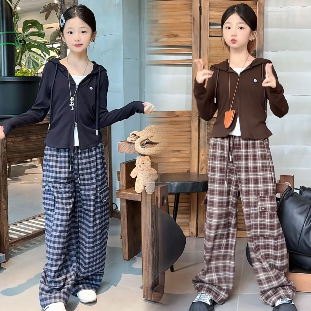 时髦款*假两件双拉链帽衫格子工装裤套装 *依依家