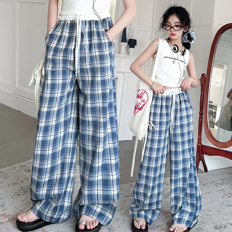 女童格子阔腿裤春夏2025新款儿童春秋洋气时髦休闲女大童宽松裤子