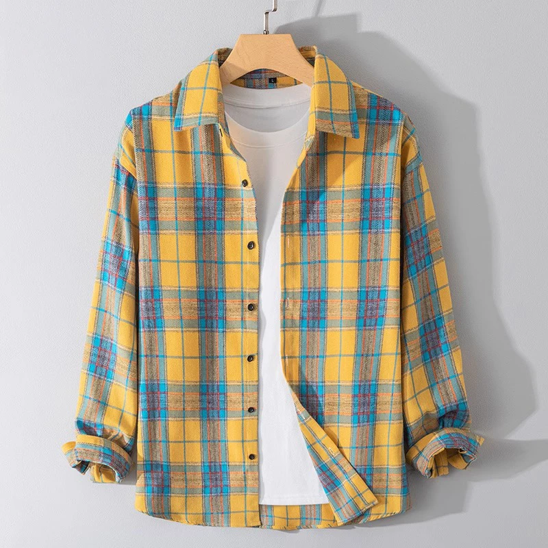 GSCebrodz潮流复古格子衬衫男士春季新款宽松翻领休闲长袖衬衣外