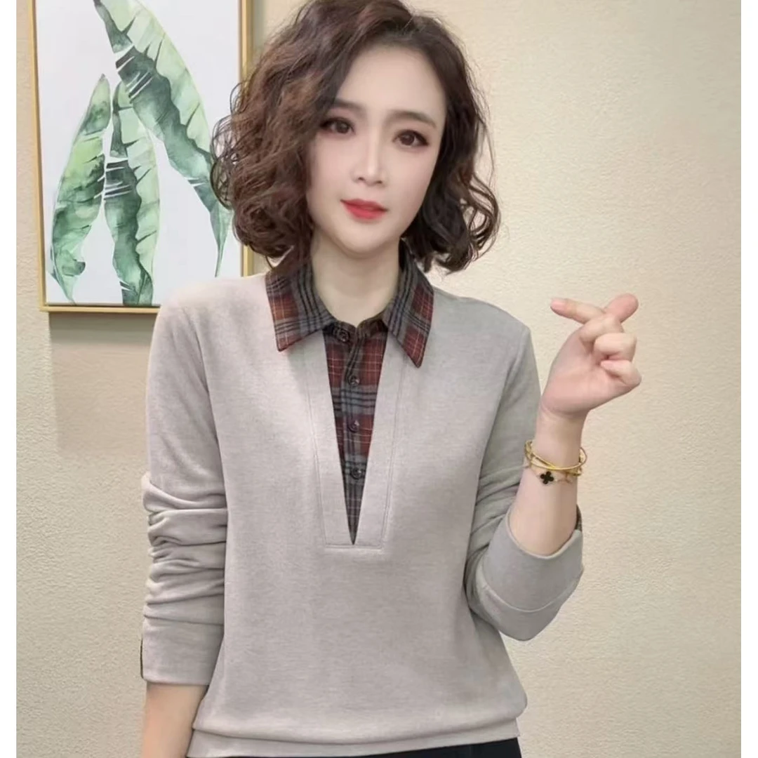 气质打底衬衫时尚格子拼接翻领冬季新款减龄显瘦长袖小衫女上衣