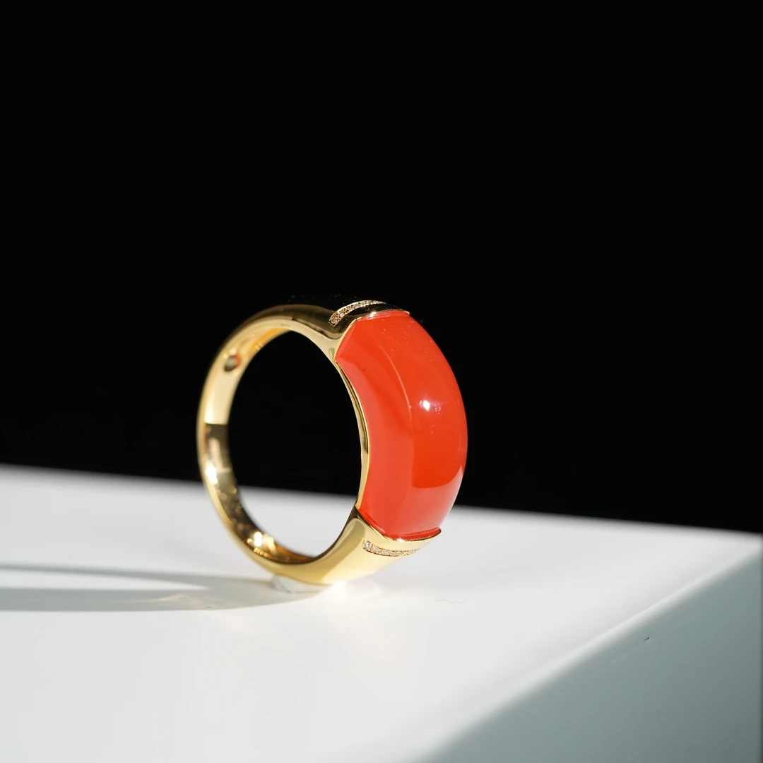 典藏级 南红河湾冰红马鞍戒指 22大圈口 18K金 H19976 孤品