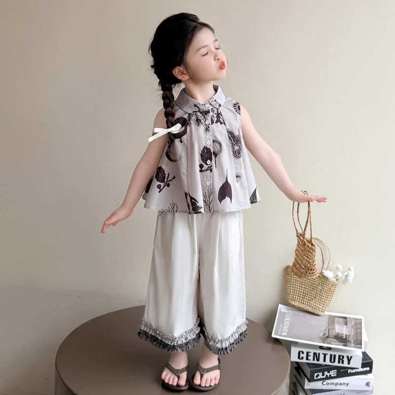 小童夏季无袖衬衫套装2025新款宝宝洋气背心女童花边阔腿裤两件套