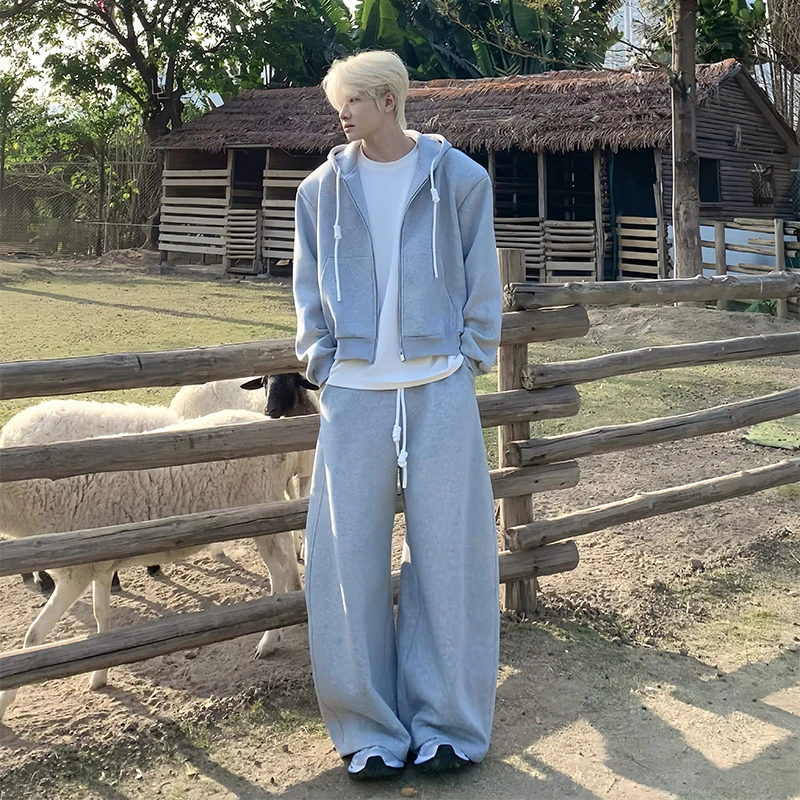 定制抽绳连帽卫衣短款宽松可拆卸垫肩套装两件套弯刀裤卫裤拖地男